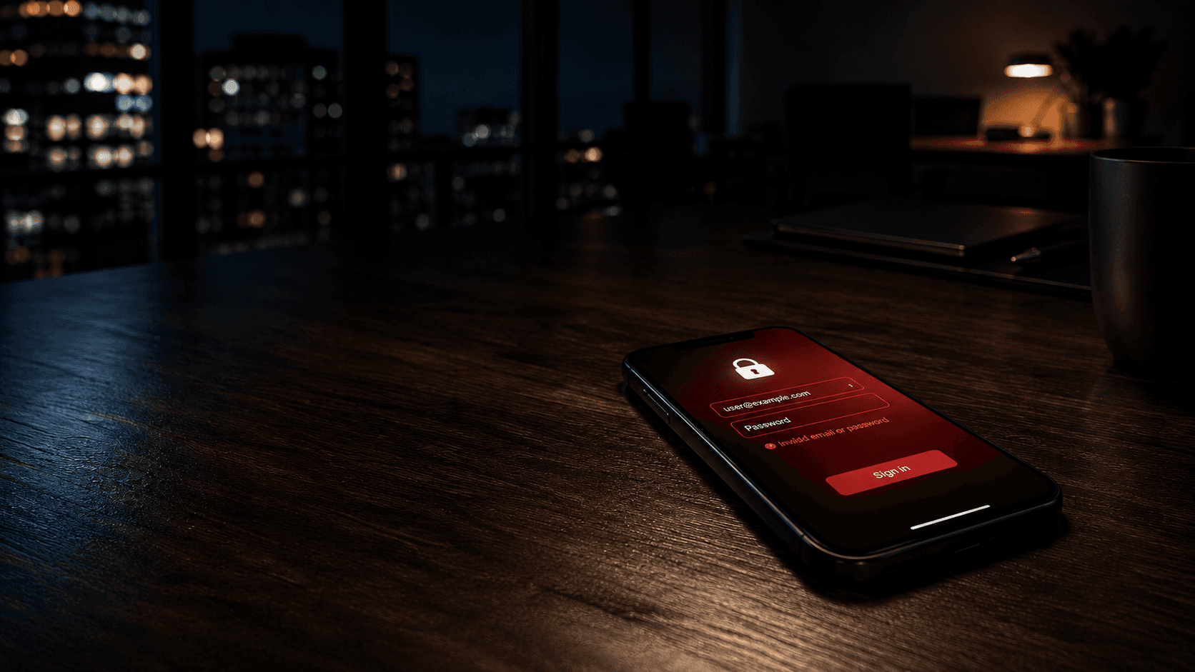 A phone on a dark desk showing a failed login at night.