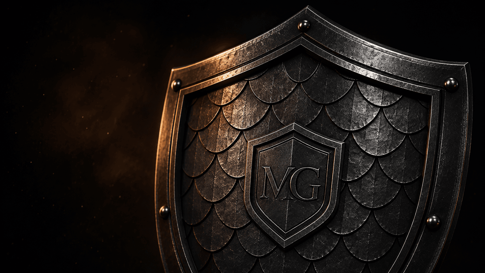 A forged metal shield in dramatic light.